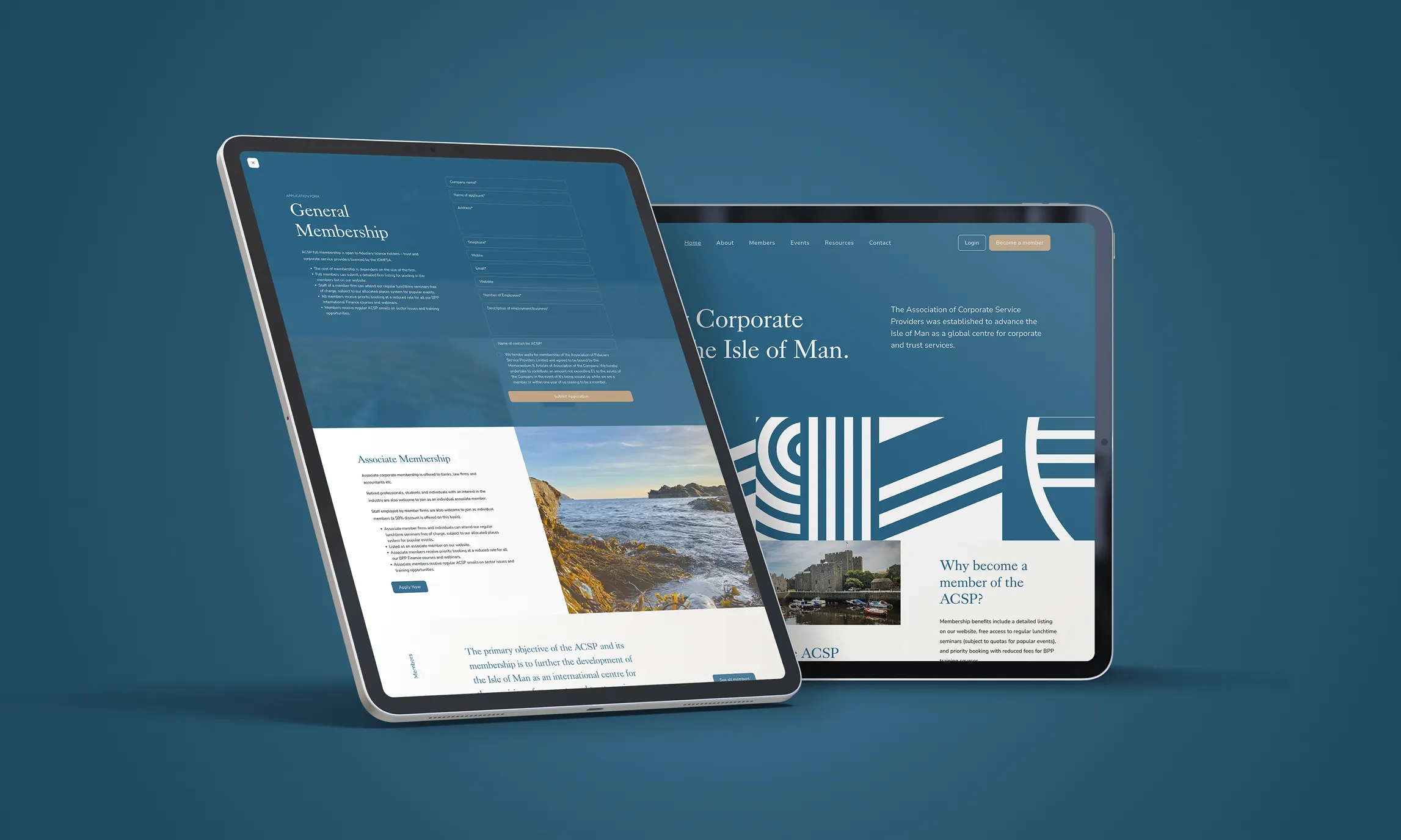 ACSP website membership and homepage pages displayed on tablet devices, designed and developed by DotPerformance for the Association of Corporate Service Providers